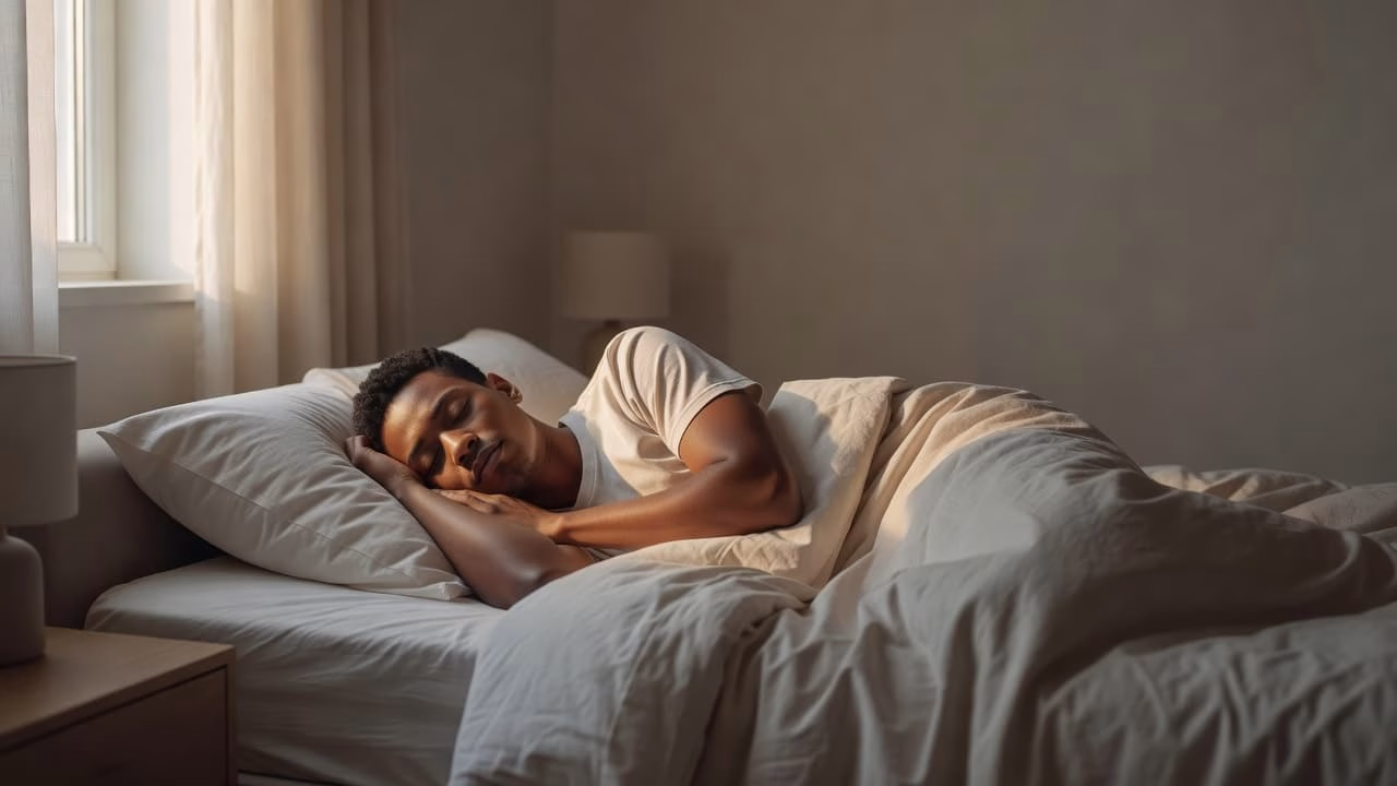 A person rests peacefully on their side within a minimalist bedroom. Soft morning light streams through a window, illuminating the neutral bedding and highlighting the calm atmosphere of the quiet space.