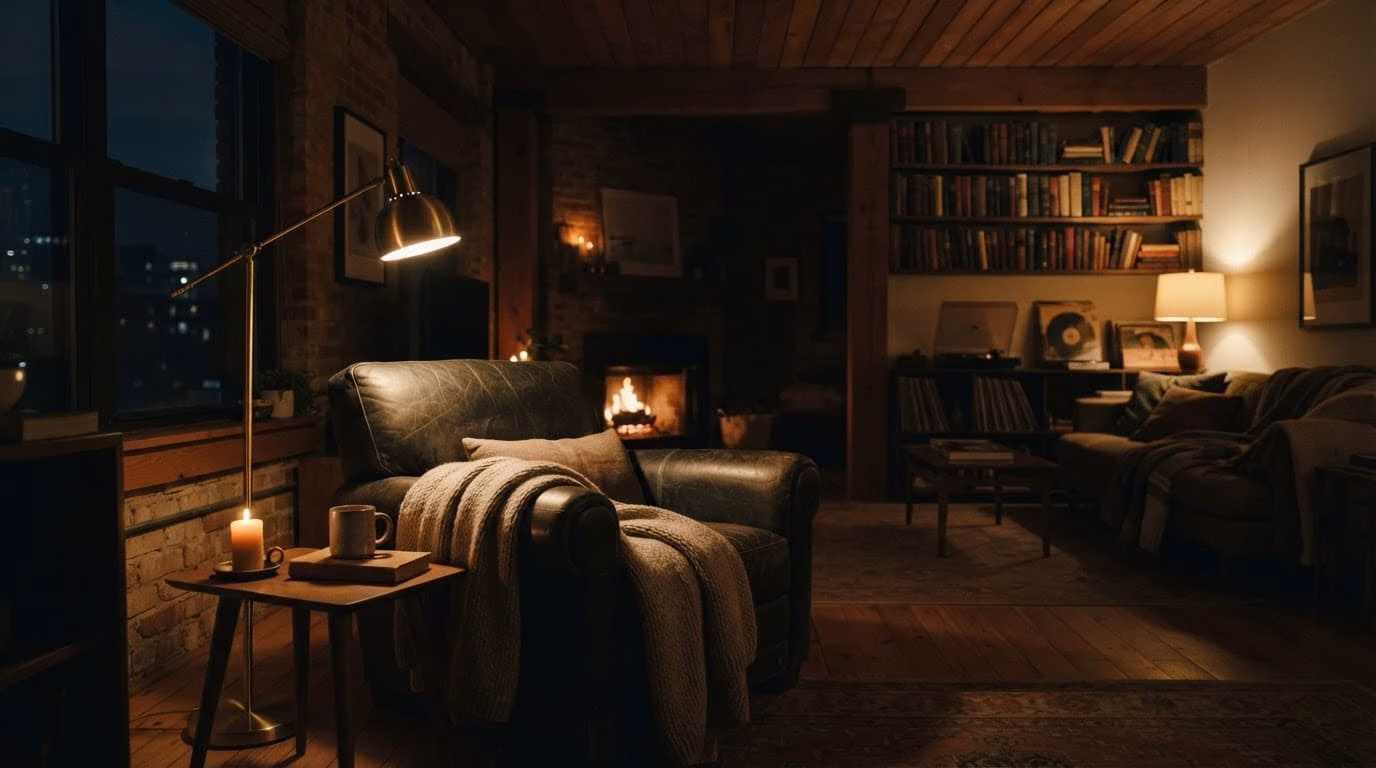 An armchair illuminated by a warm lamp in a quiet, shadowy room.