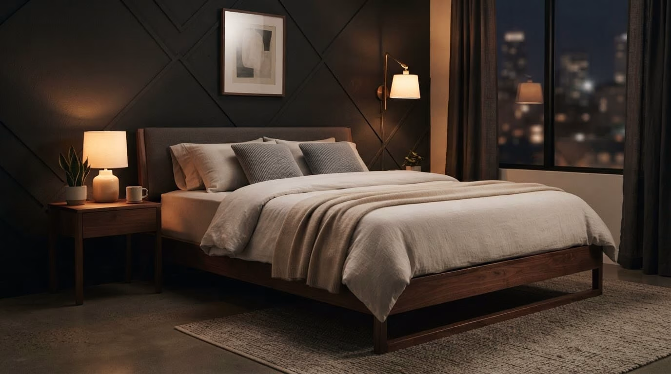 A firm mattress on a wooden bed frame in a warm, modern bedroom.