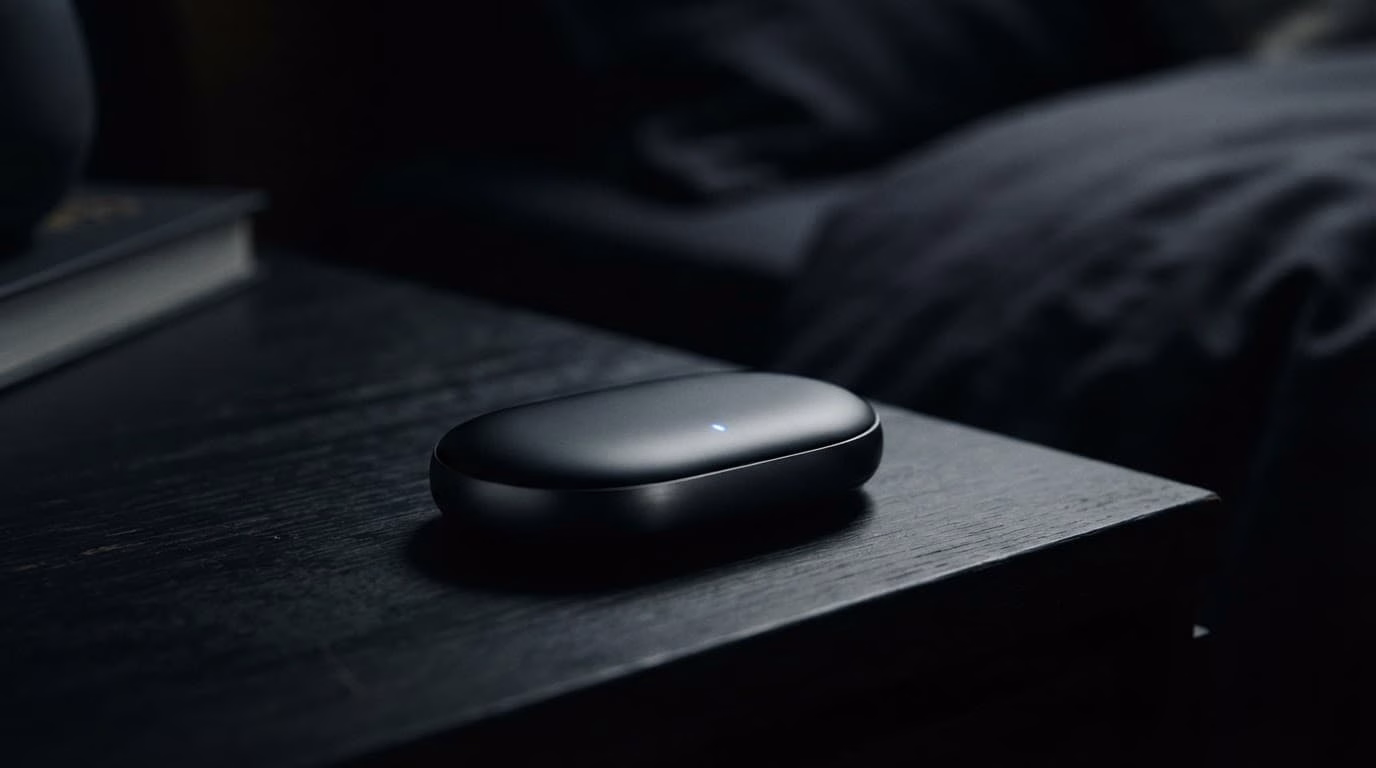 A minimalist sleep tracker with a glowing blue light on a dark nightstand.