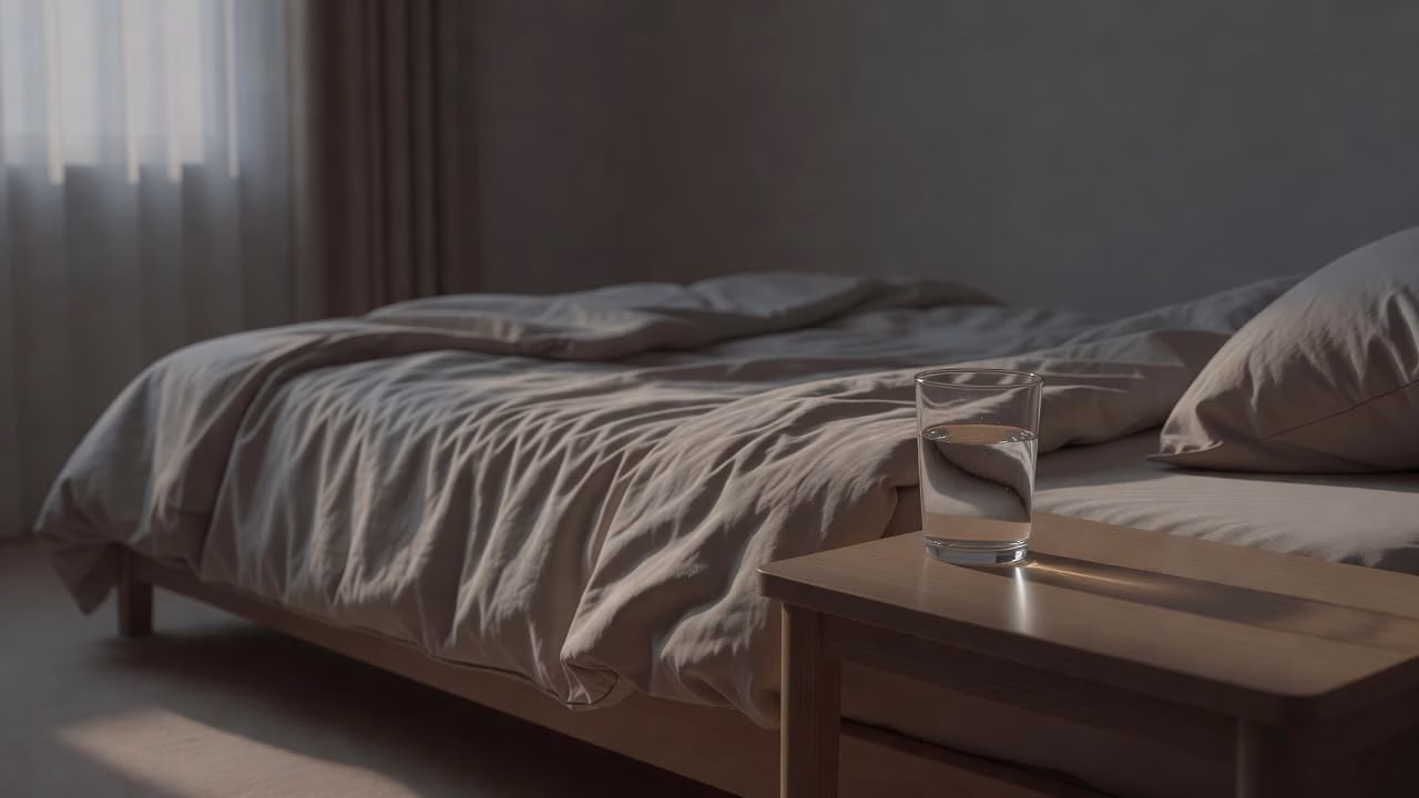 A clear glass of water rests on a minimal bedside table beside a bed in a dimly lit, soft-toned room. The quiet scene highlights a moment of evening self-care and hydration.