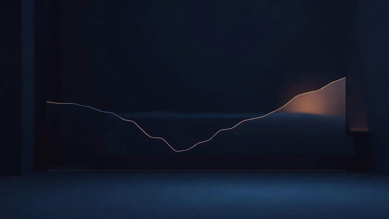 A minimalist glowing line graph traces a gradual temperature descent and recovery against a dark blue background. Soft amber highlights accentuate the curve within the deep shadows of the room.