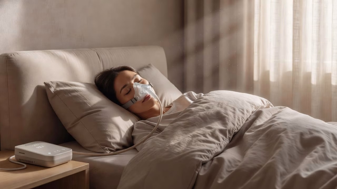 A person sleeping soundly in bed while wearing a comfortable CPAP mask.