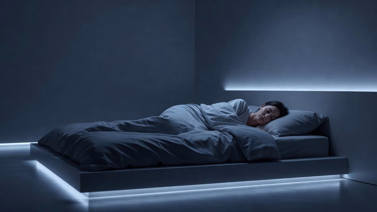 A person rests deeply in a minimalist room bathed in soft blue ambient light. The scene highlights a calm expression as they transition peacefully into a restorative state of slumber.