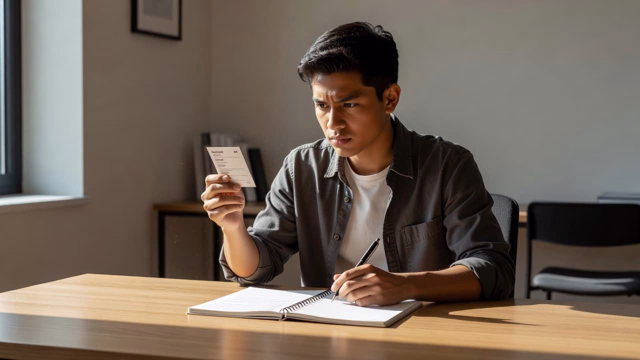 A focused student sits at a sunlit wooden desk, holding a blank flashcard while studying. An open notebook and a pen rest nearby, creating a calm and highly productive learning atmosphere.