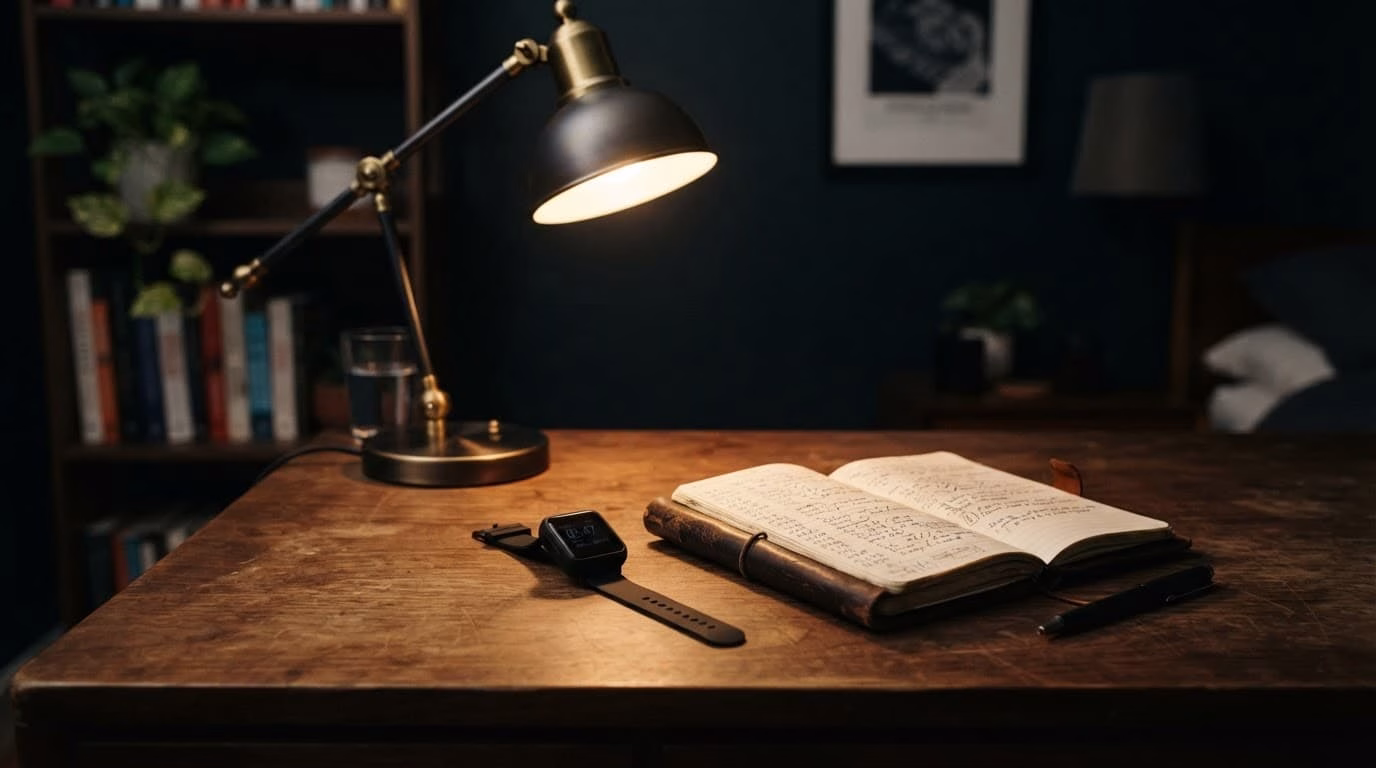 A digital actigraphy watch and leather sleep diary on a warmly lit wooden desk.