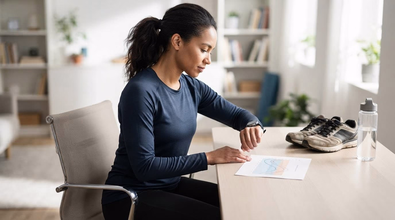 An athlete reviews a smartwatch and printed graph at a desk beside running shoes and a water bottle.