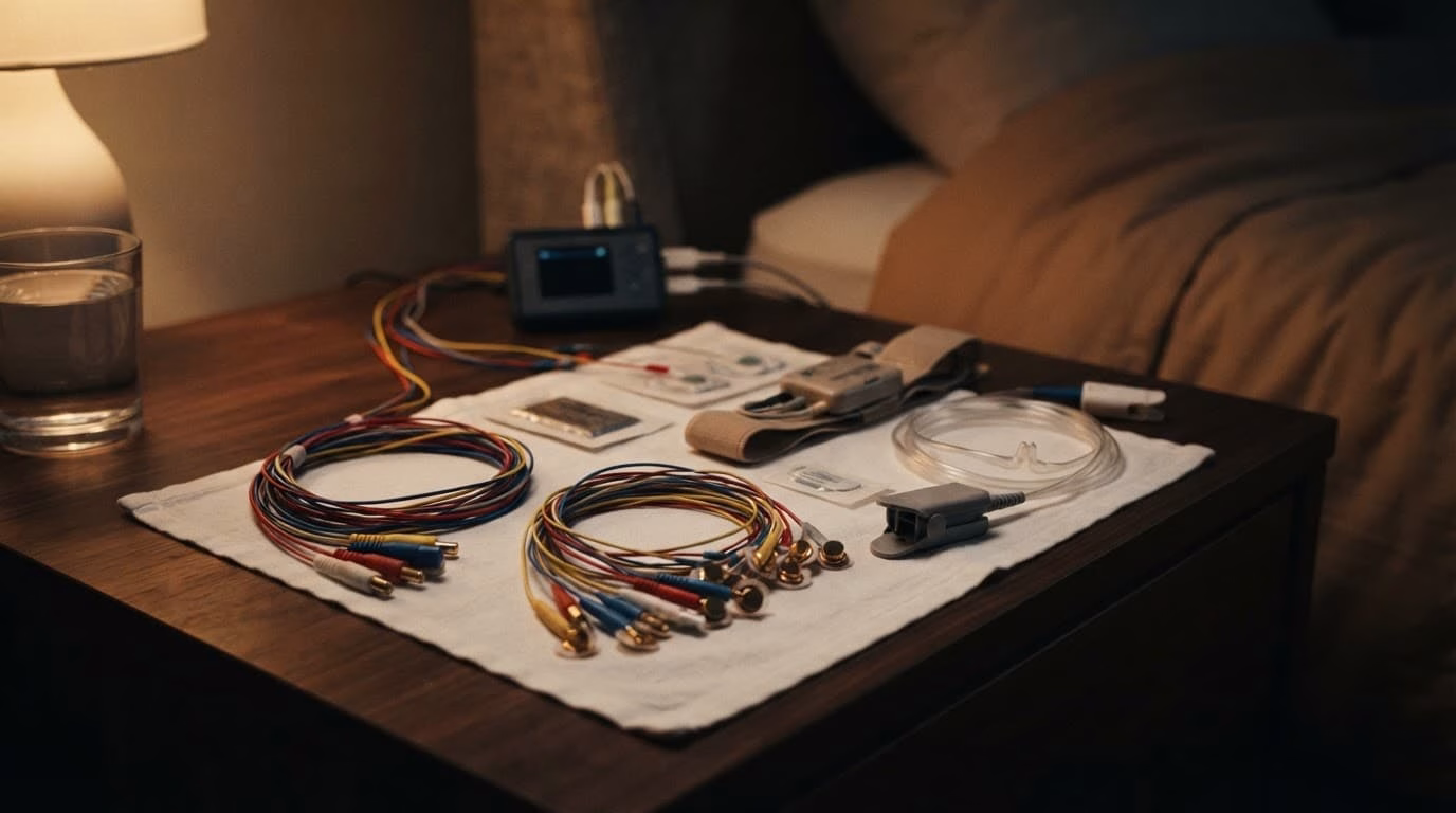 EEG and breathing sensors arranged on a bedside table.