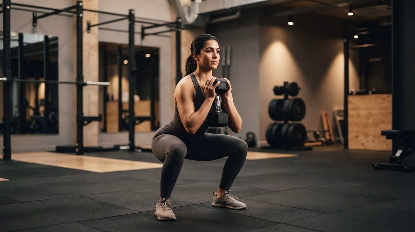 Beginner doing a goblet squat with one dumbbell in a clean gym.