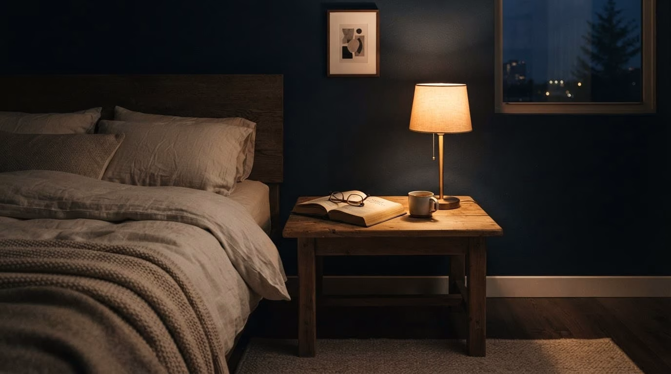 A book and warm lamp rest on a wooden bedside table in a dark bedroom.