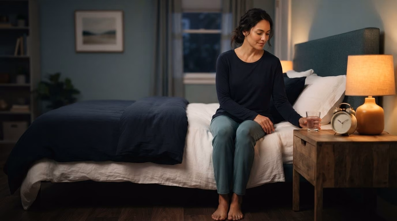 An adult sits beside a made bed with a lamp, water glass, and alarm clock.