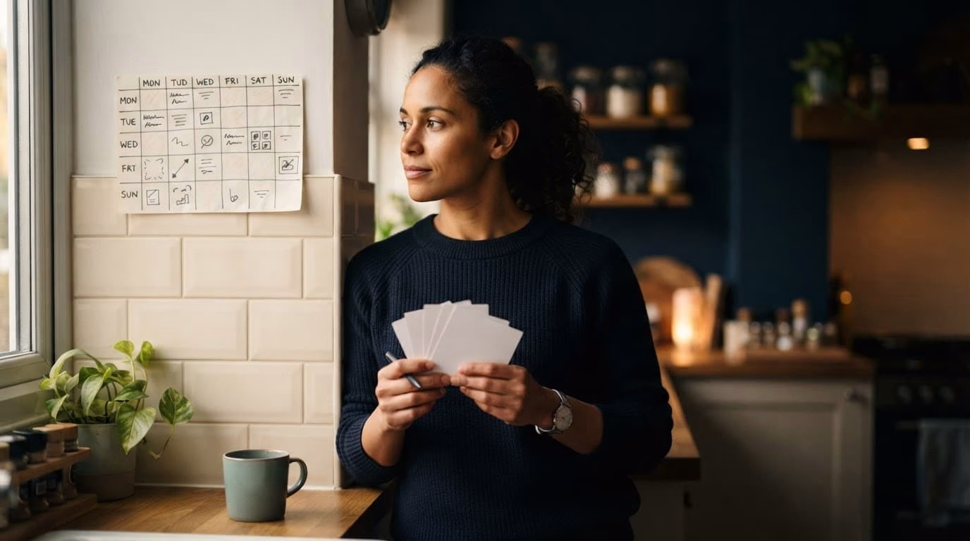 An adult learner holds blank flashcards beside a weekly planner.