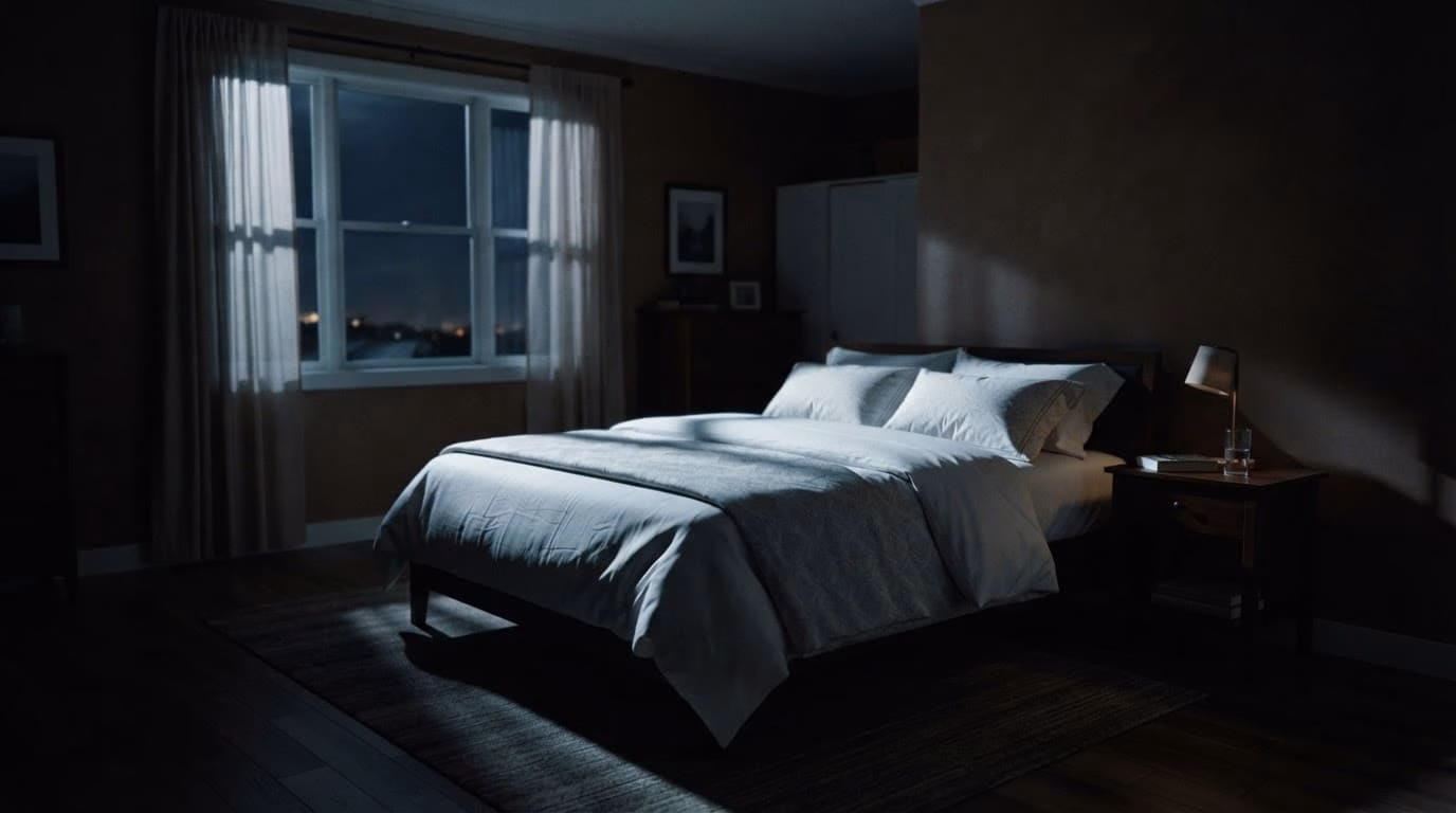 A neatly made bed rests in a dim bedroom under cool moonlight.