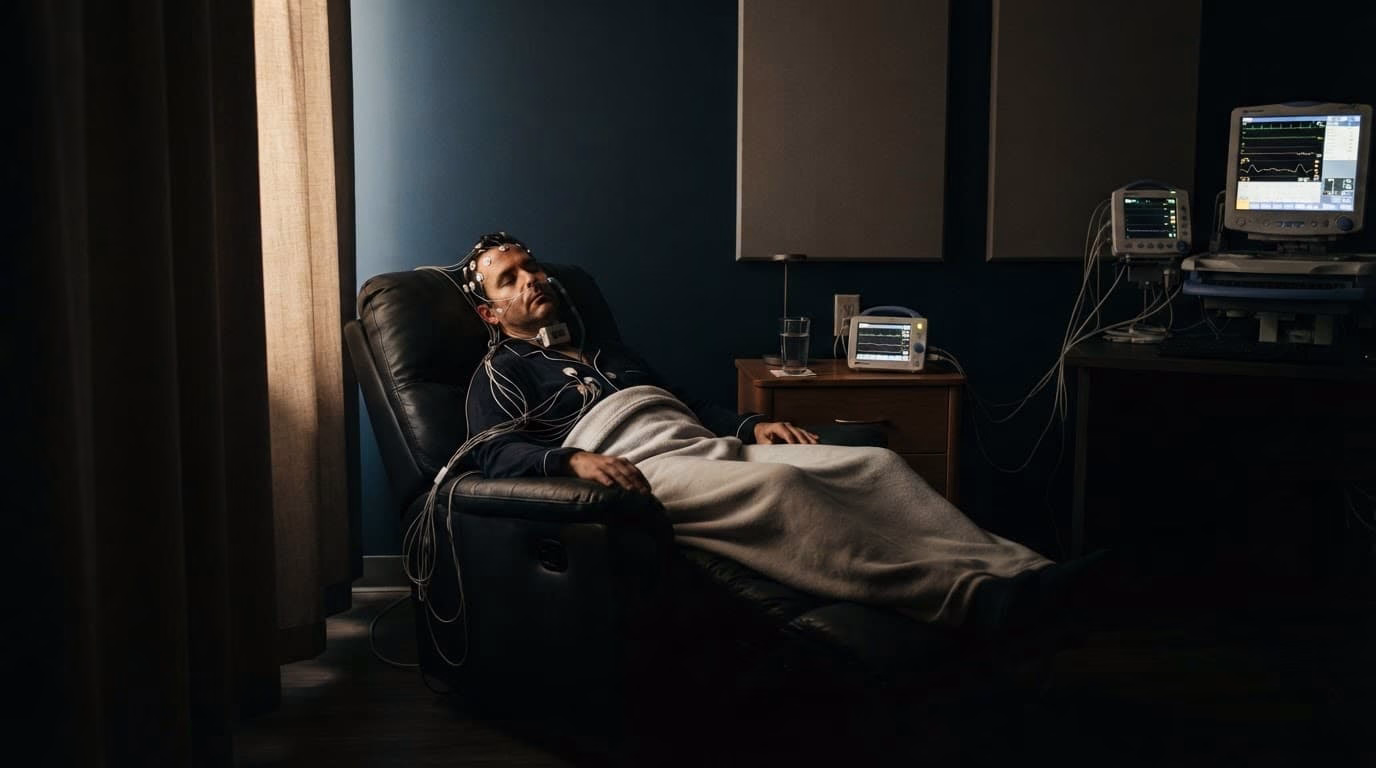 One person rests in a recliner during daytime nap monitoring.