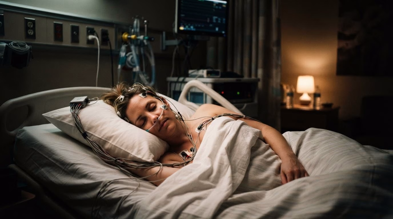 A person sleeping in a clinical bed with sleep monitoring wires attached.