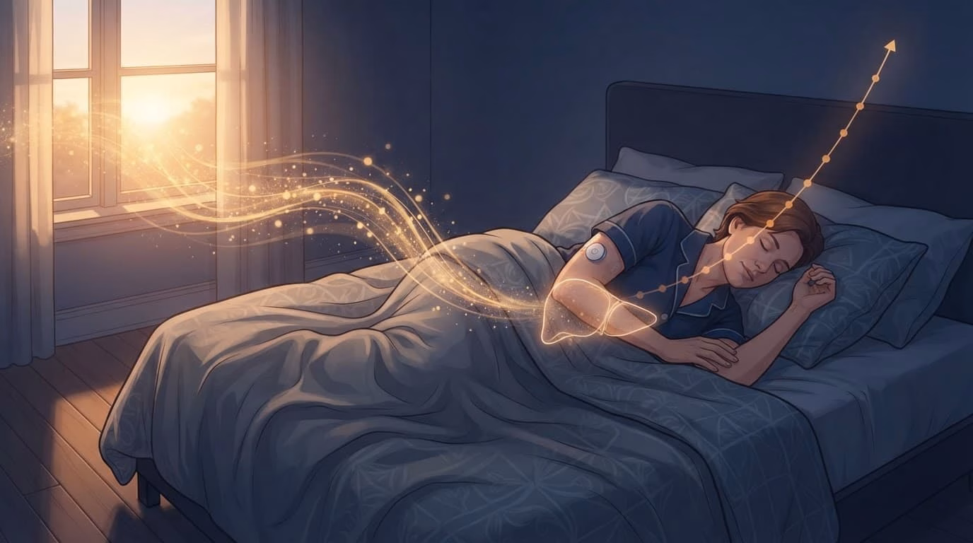 Sleeping adult in bed as sunrise and a rising glucose curve illustrate the dawn phenomenon.