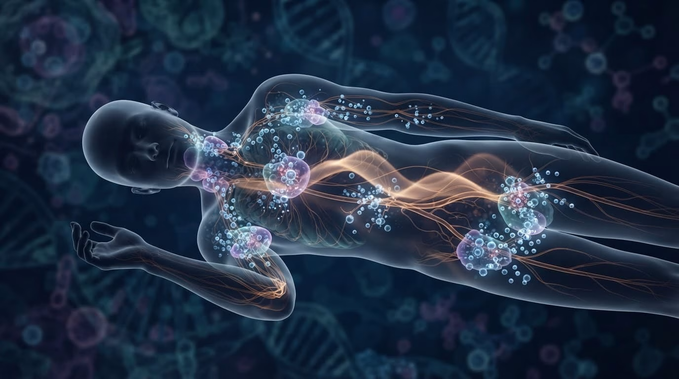 Sleeping human silhouette surrounded by glowing lymph nodes, T cells, and hormonal signals.