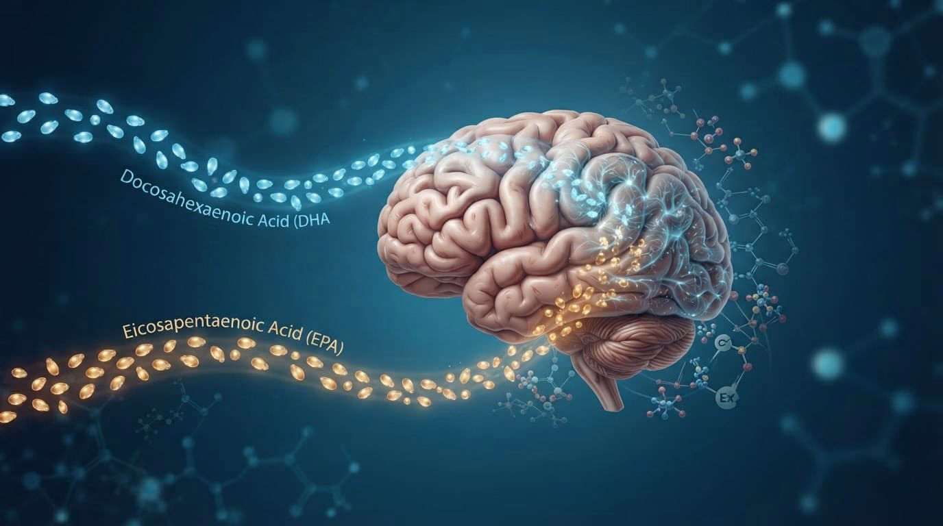 Two omega-3 molecule streams approach a brain, with DHA inside and EPA near signalling pathways.