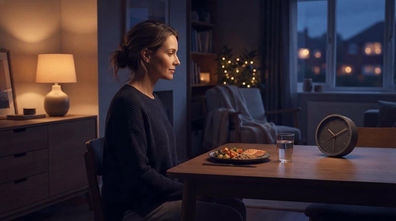 An adult sits beside dinner, water, a clock, and a dim lamp in the evening.