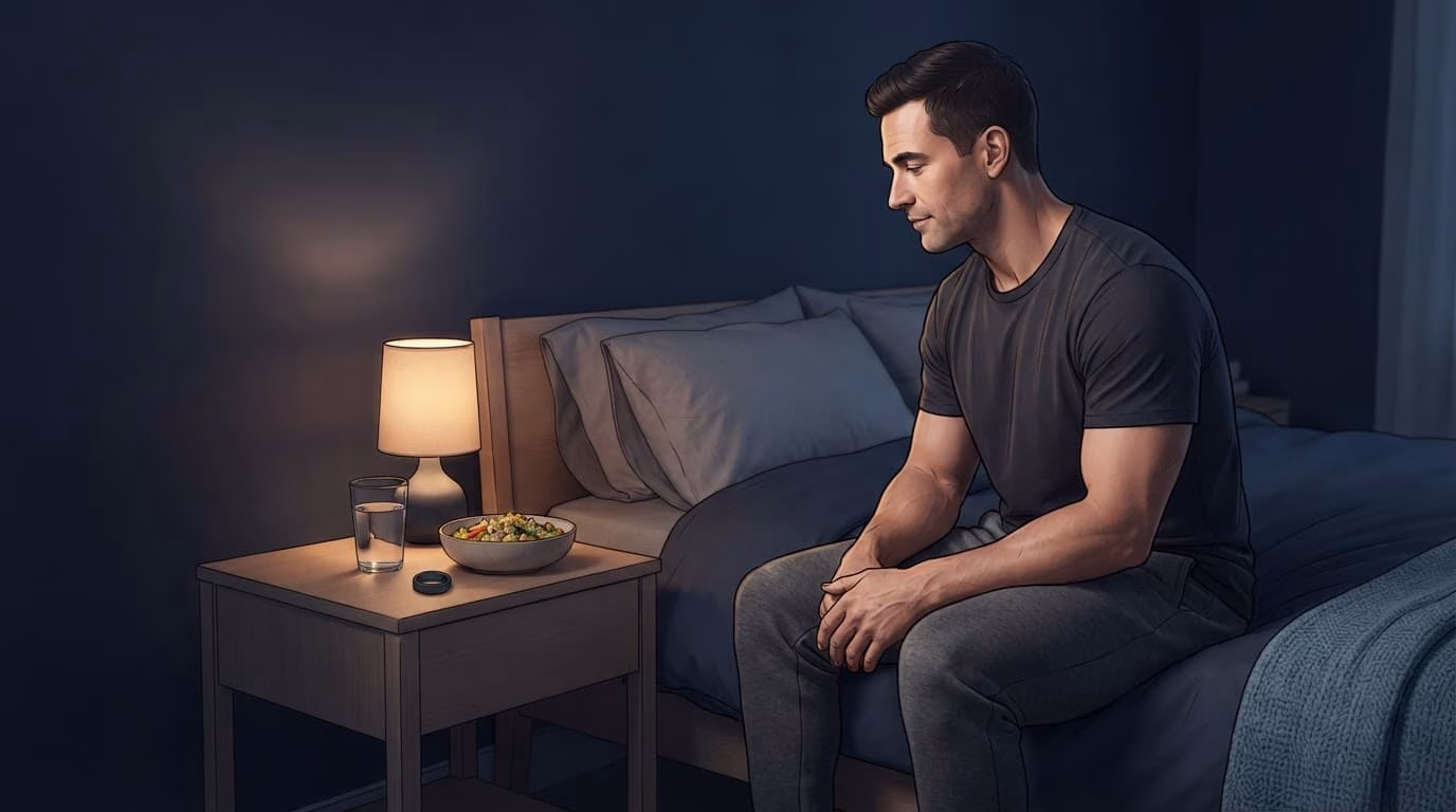 A trainee sits beside a made bed with a lamp, meal, water, and ring nearby.