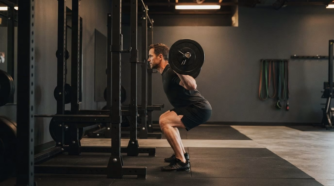 An adult lifter performs a barbell squat inside a power rack.