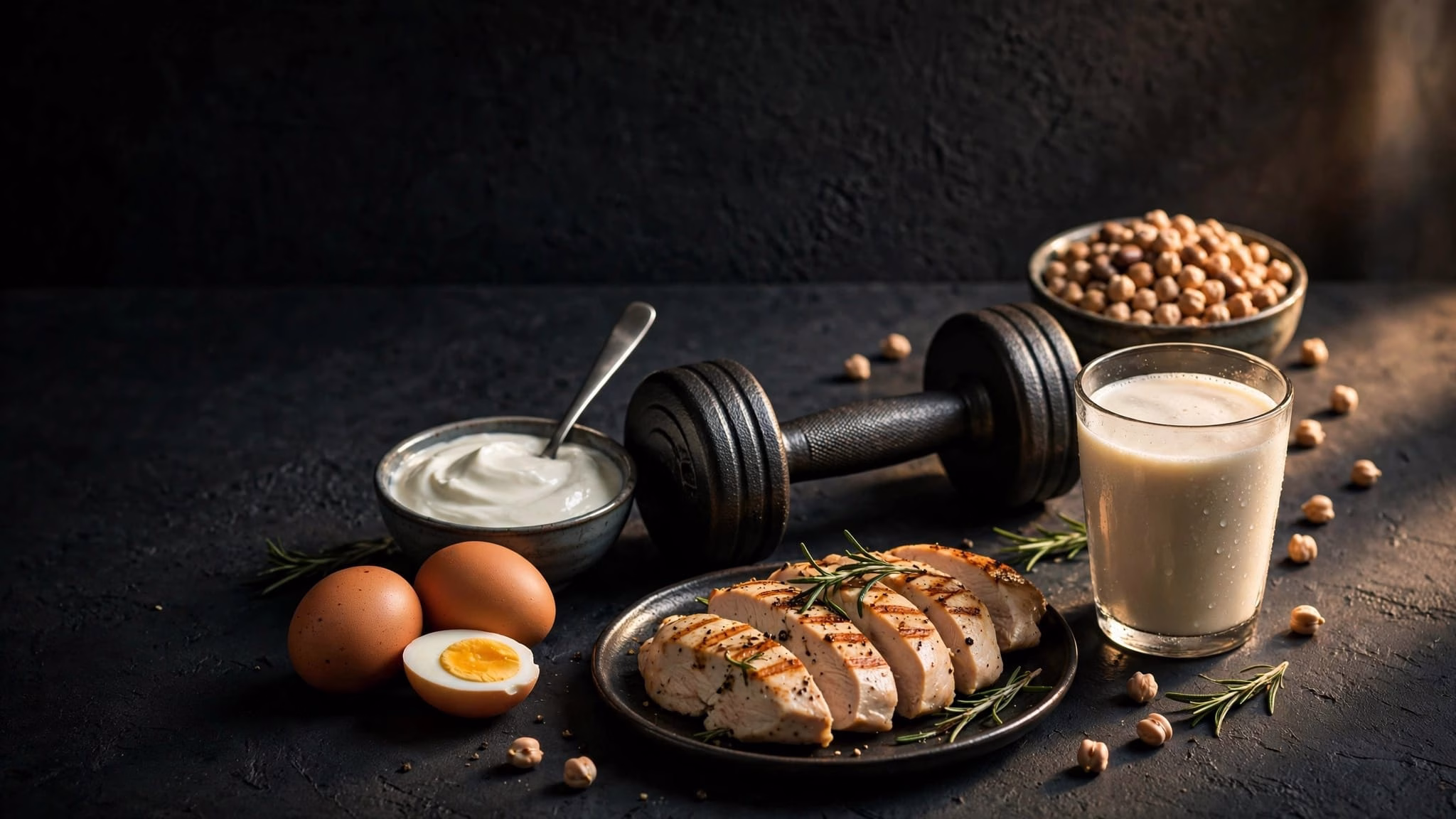 High-protein foods arranged around a dumbbell on a dark surface.