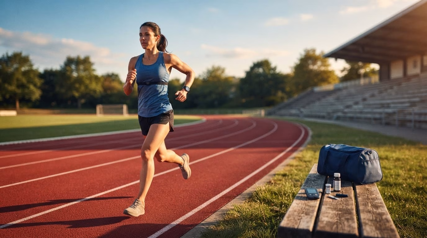 A runner on a quiet track beside a bench with testing equipment.