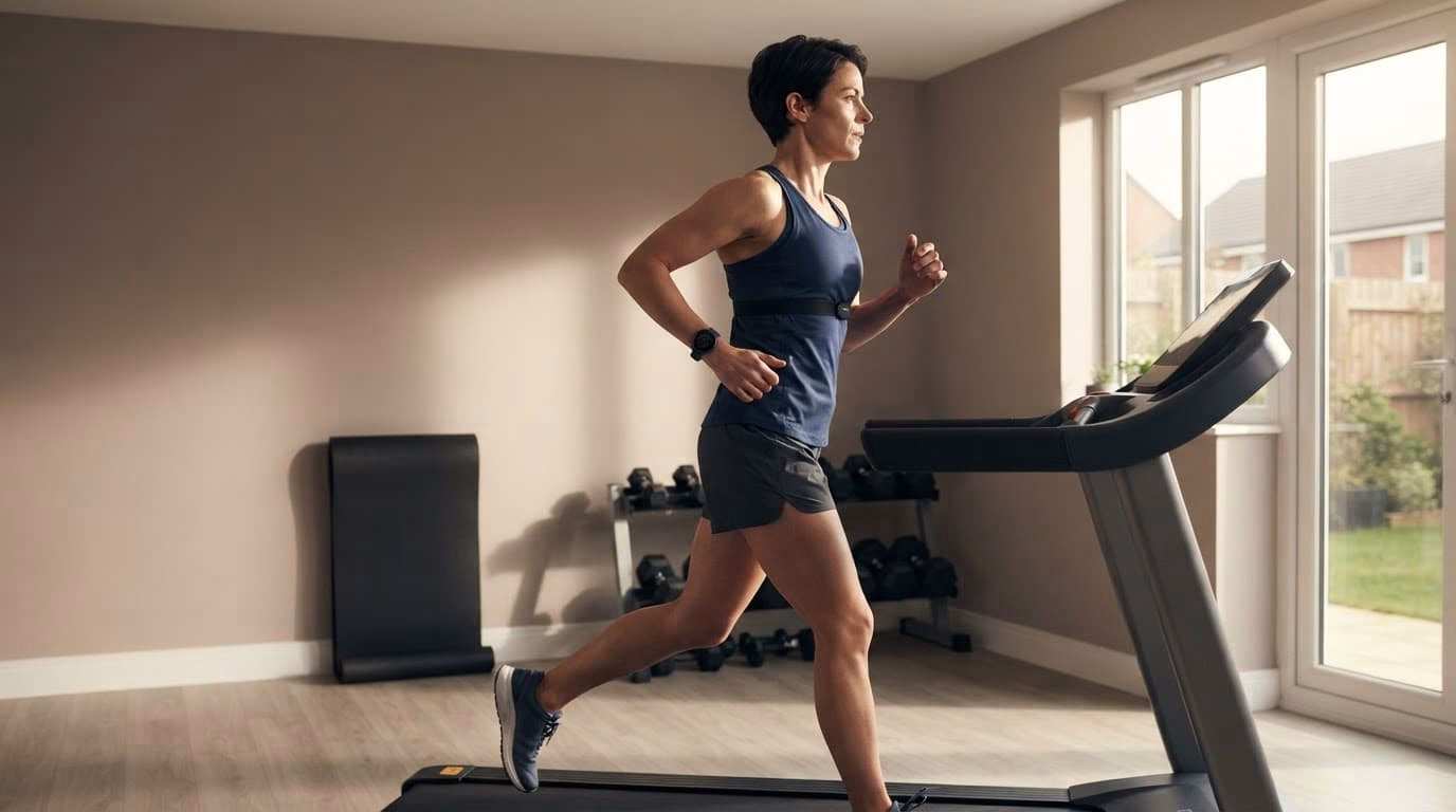 A runner exercises in profile on a mat beside an indoor trainer, wearing two heart-rate tracking devices.