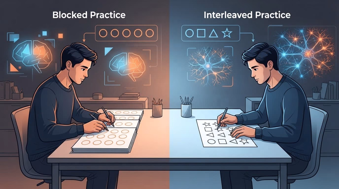 One learner works with repeated exercises and mixed practice in a split study scene.