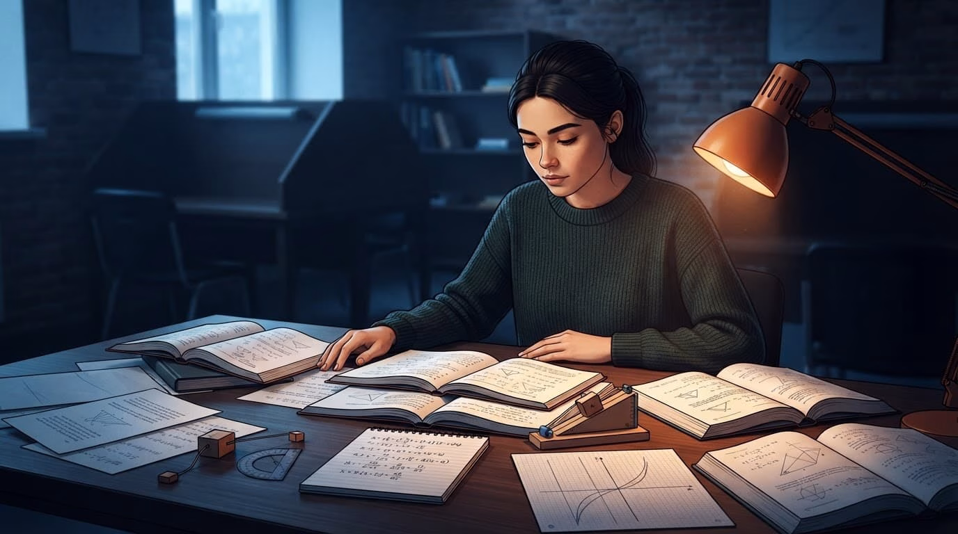 A student studies mixed physics and maths problems at a desk with diagrams and physical learning aids.