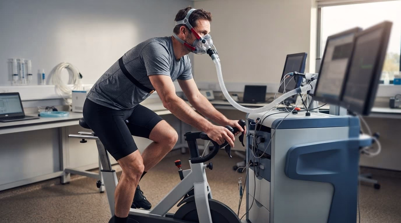A cyclist pedals indoors wearing a breathing mask beside laboratory testing equipment.