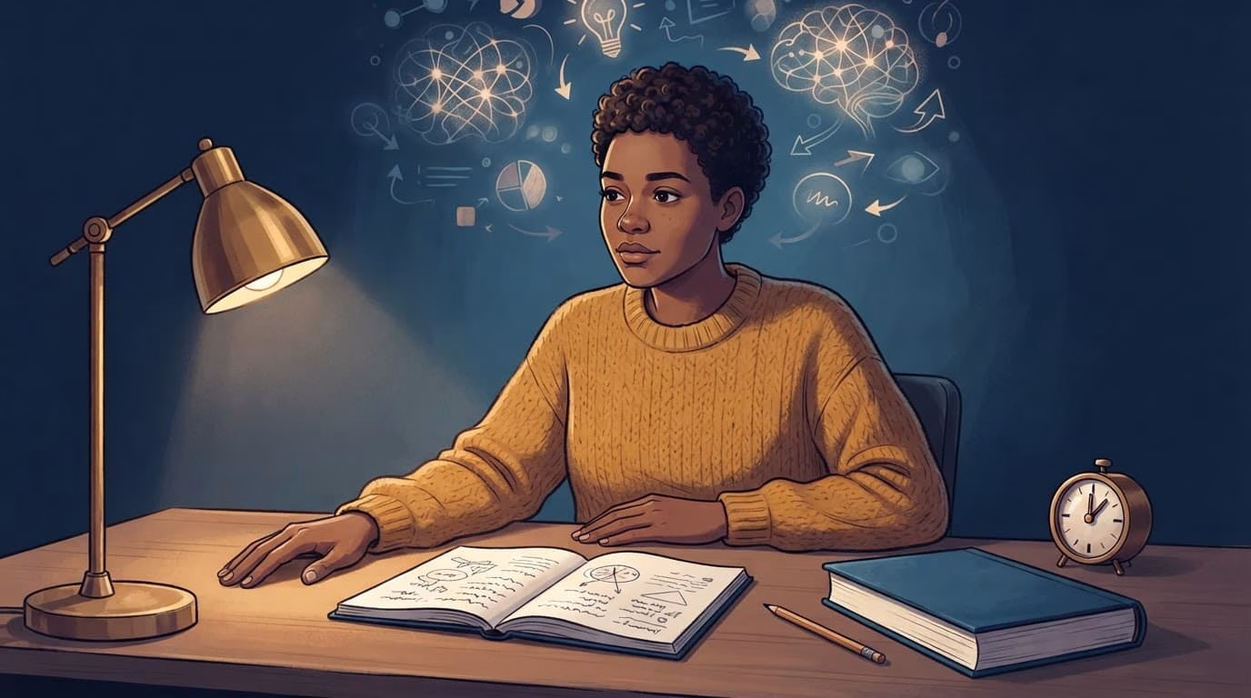An adult learner pauses beside a notebook, book, pencil, and timer at a warmly lit desk.
