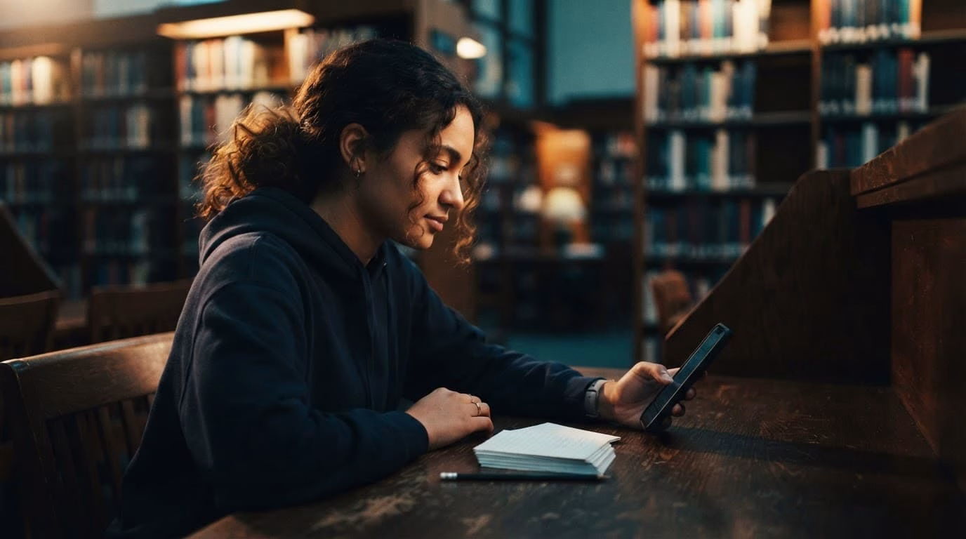 A student reviews flashcards beside a smartphone at a softly lit library table.