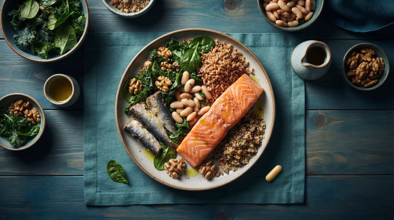 Mediterranean foods arranged around salmon, sardines, vegetables, grains, and one capsule.