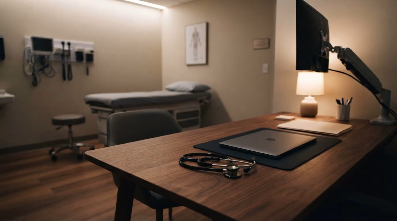 A stethoscope and closed laptop rest on a wooden desk in a dim medical room.