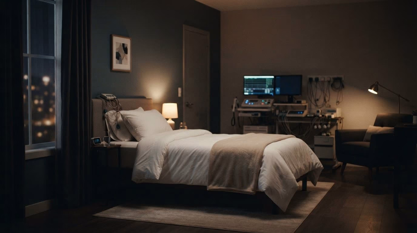 A tidy clinic bed under soft lighting with blurred monitoring equipment in the background.