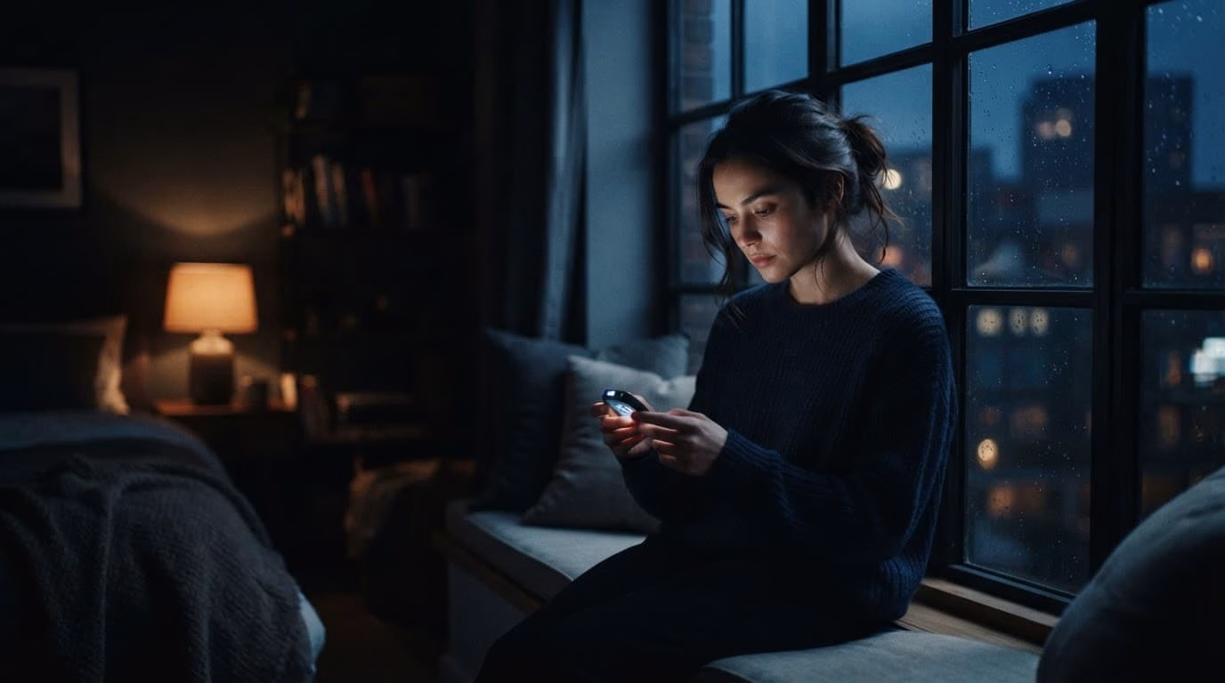 Person watching a glowing sleep tracker beside a window at night.