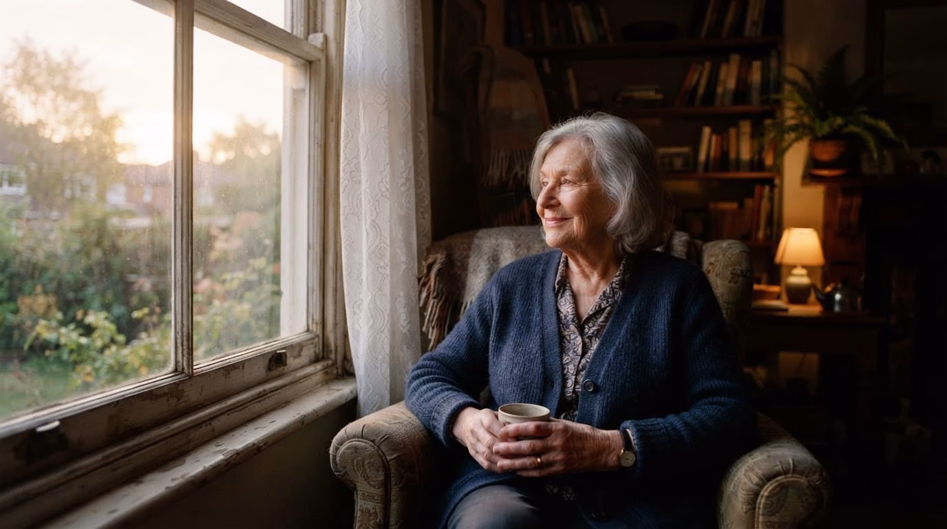 Older adult sitting peacefully beside a sunlit living room window.