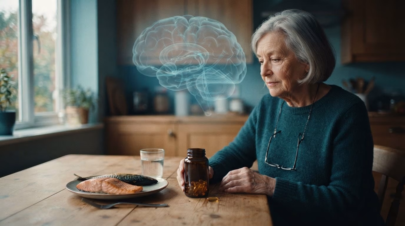 An older adult beside an omega-3 bottle, capsule, salmon, mackerel, and a brain illustration.