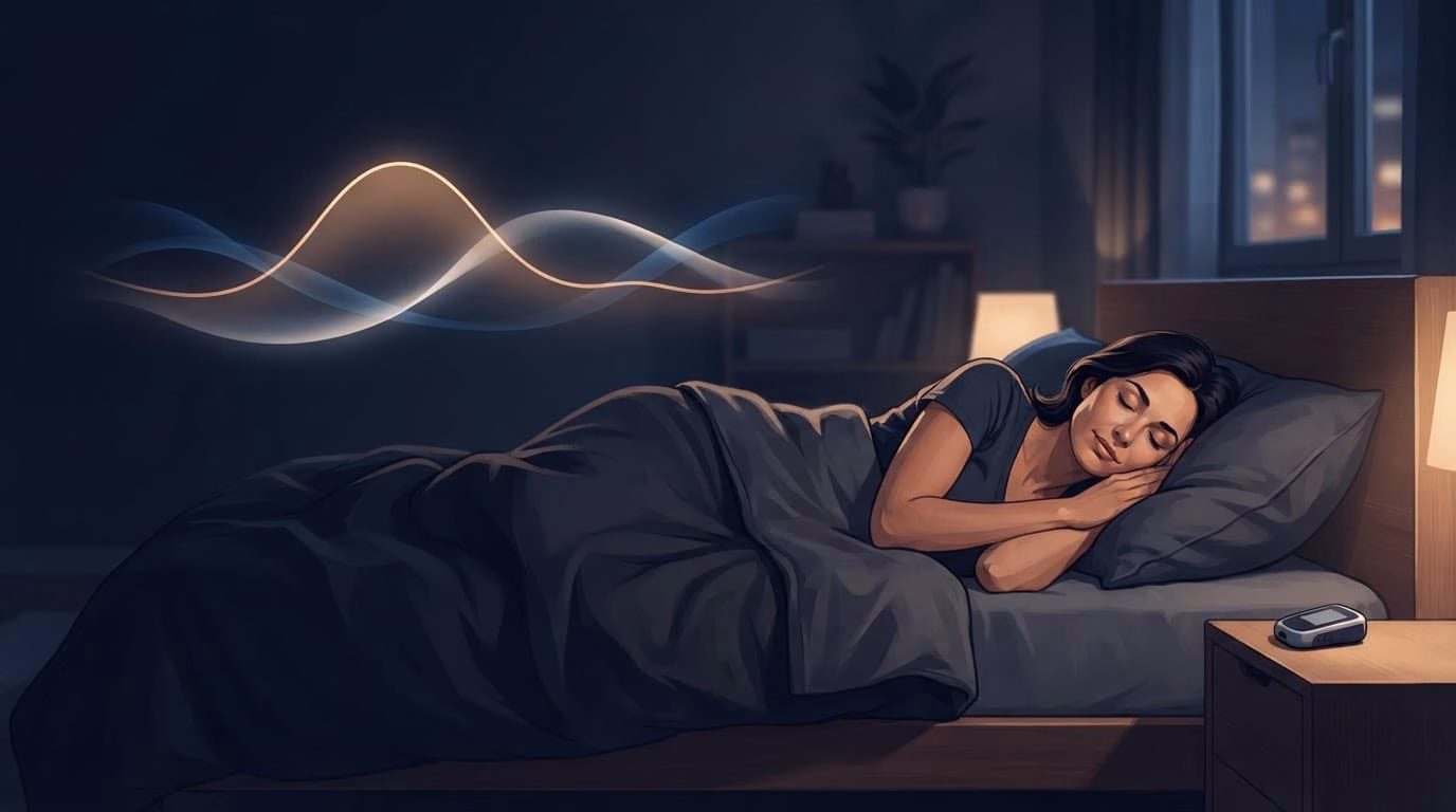 One adult sleeps beneath abstract glucose and hormone visuals in a dark bedroom.