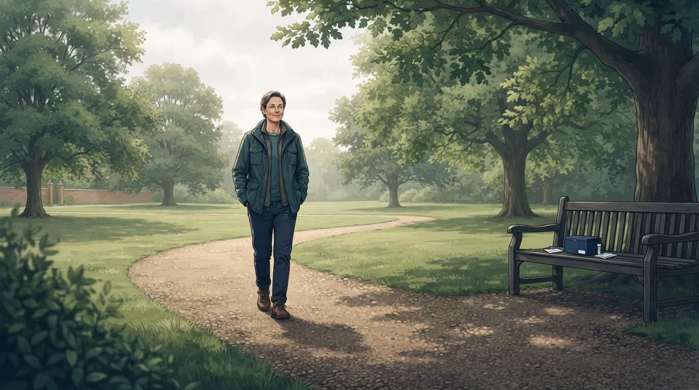 One adult walks in a leafy park while a blood test kit sits on a bench.