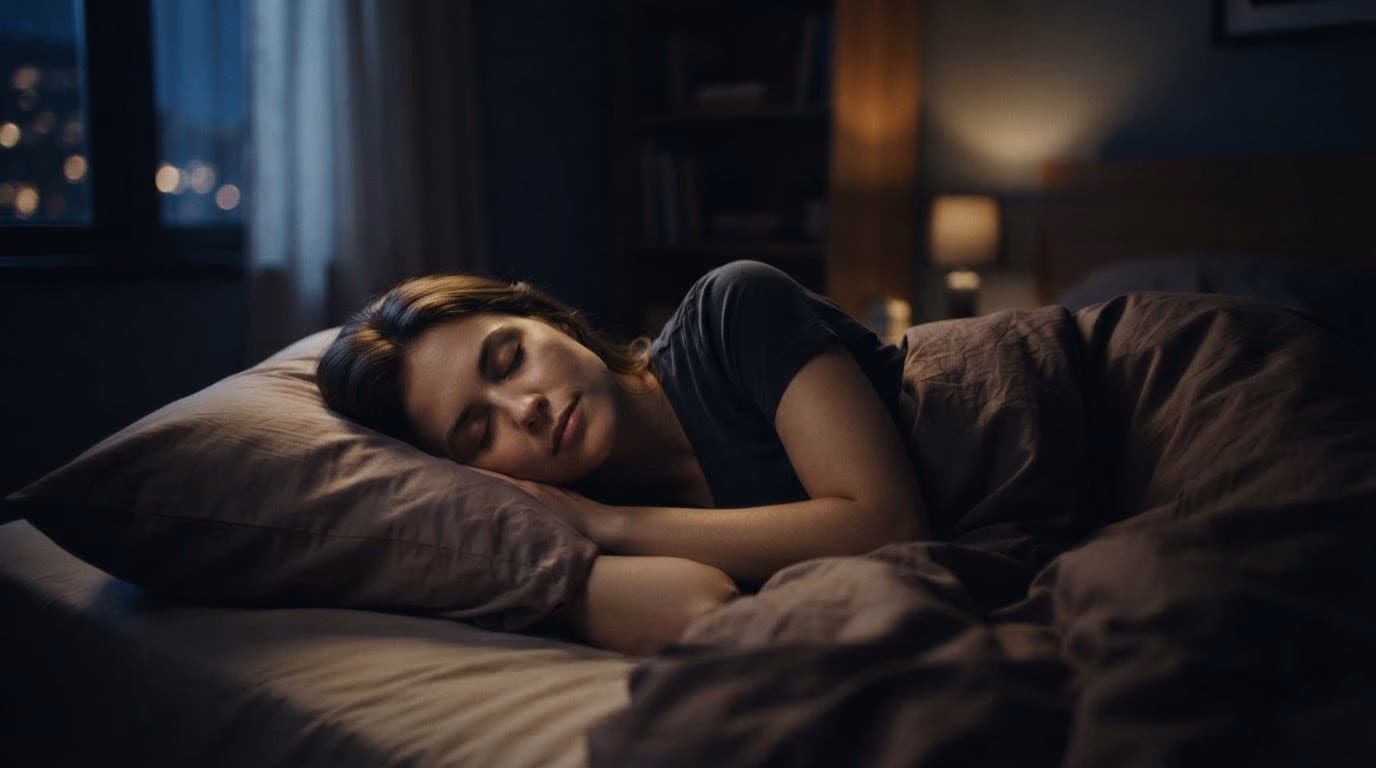 One person resting in bed under blue and warm bedroom lighting.