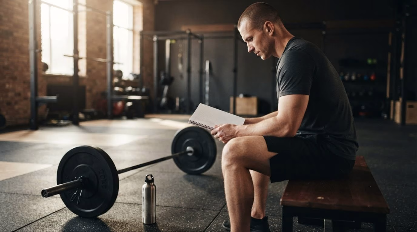 An adult lifter reviews a paper log beside a barbell and water bottle.