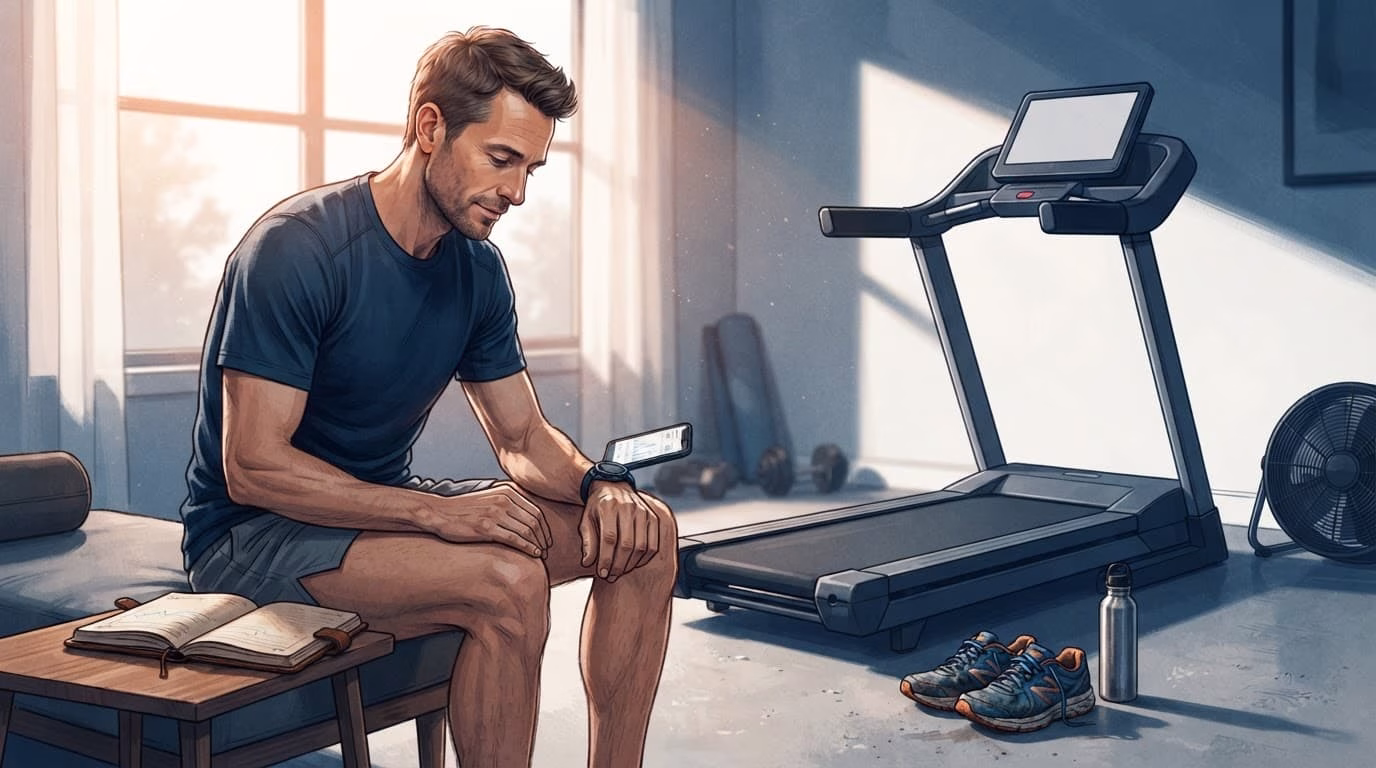 A runner reviews recovery data beside a treadmill at home.