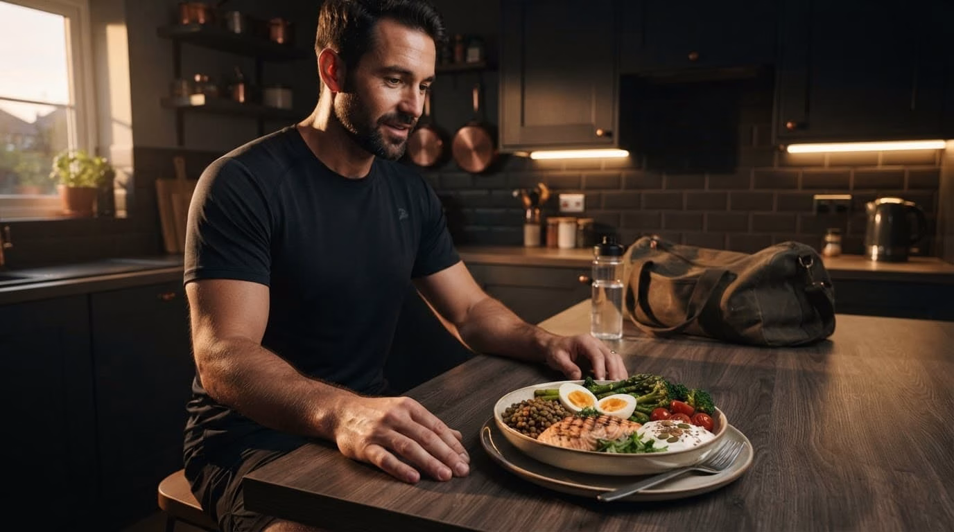 Athletic adult beside a plate of salmon, eggs, lentils, yoghurt, and vegetables in a modern kitchen.