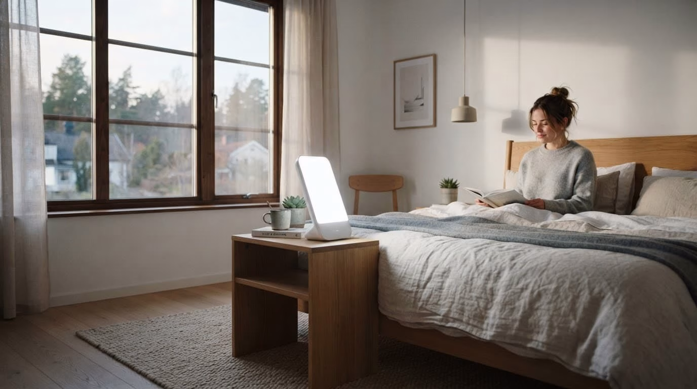 Daylight therapy lamp glowing on a bedside table in a bright Scandinavian bedroom.