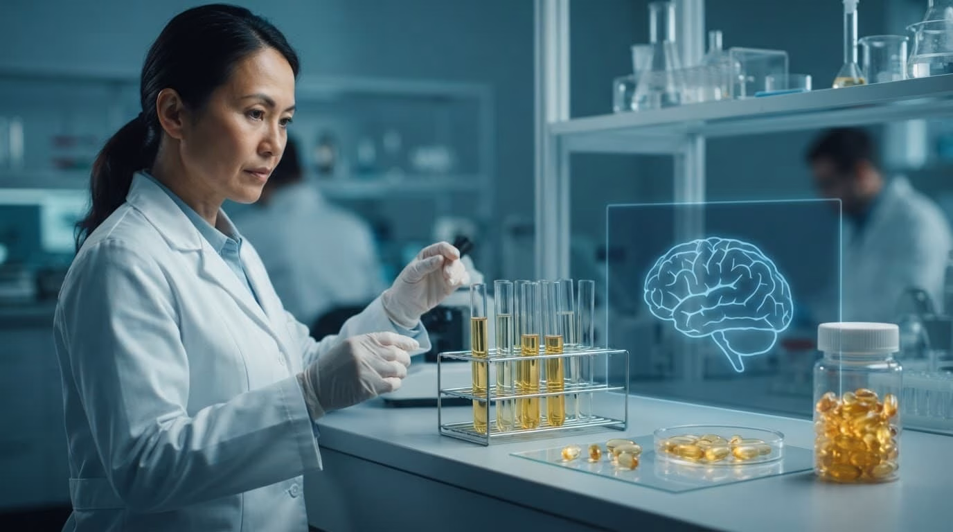 Scientist examining sample tubes beside a brain scan and fish oil capsules.
