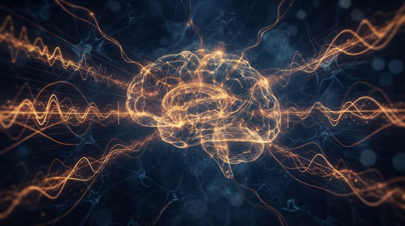 Abstract amber brain signals glowing against a dark blue background.