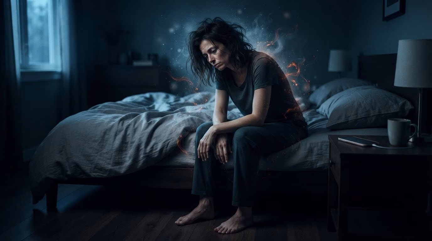 A tired adult sits on a bed beside a face-down phone as faint signals glow in the air.