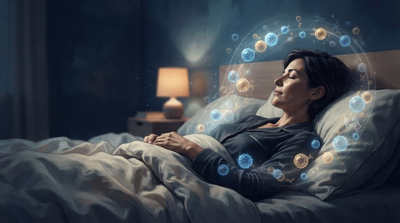 A sleeping adult beneath a duvet with glowing immune cells around the body.